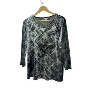 Chicos Womens Grey Silver Velvet 3/4 Sleeve Top Size 2 L Large Scoop Neck